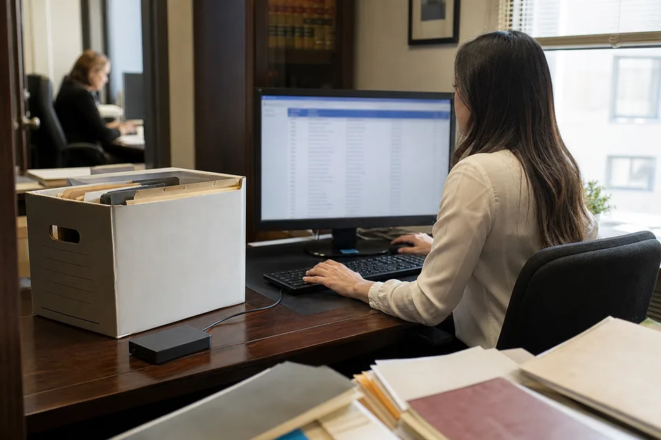Paralegal at a small law firm reviewing a document production on a monitor next to an external hard drive and a box of documents
