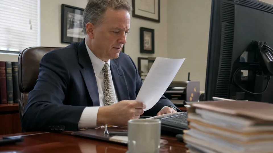 Solo personal injury attorney at his desk reading a one time software license invoice beside folders of medical records