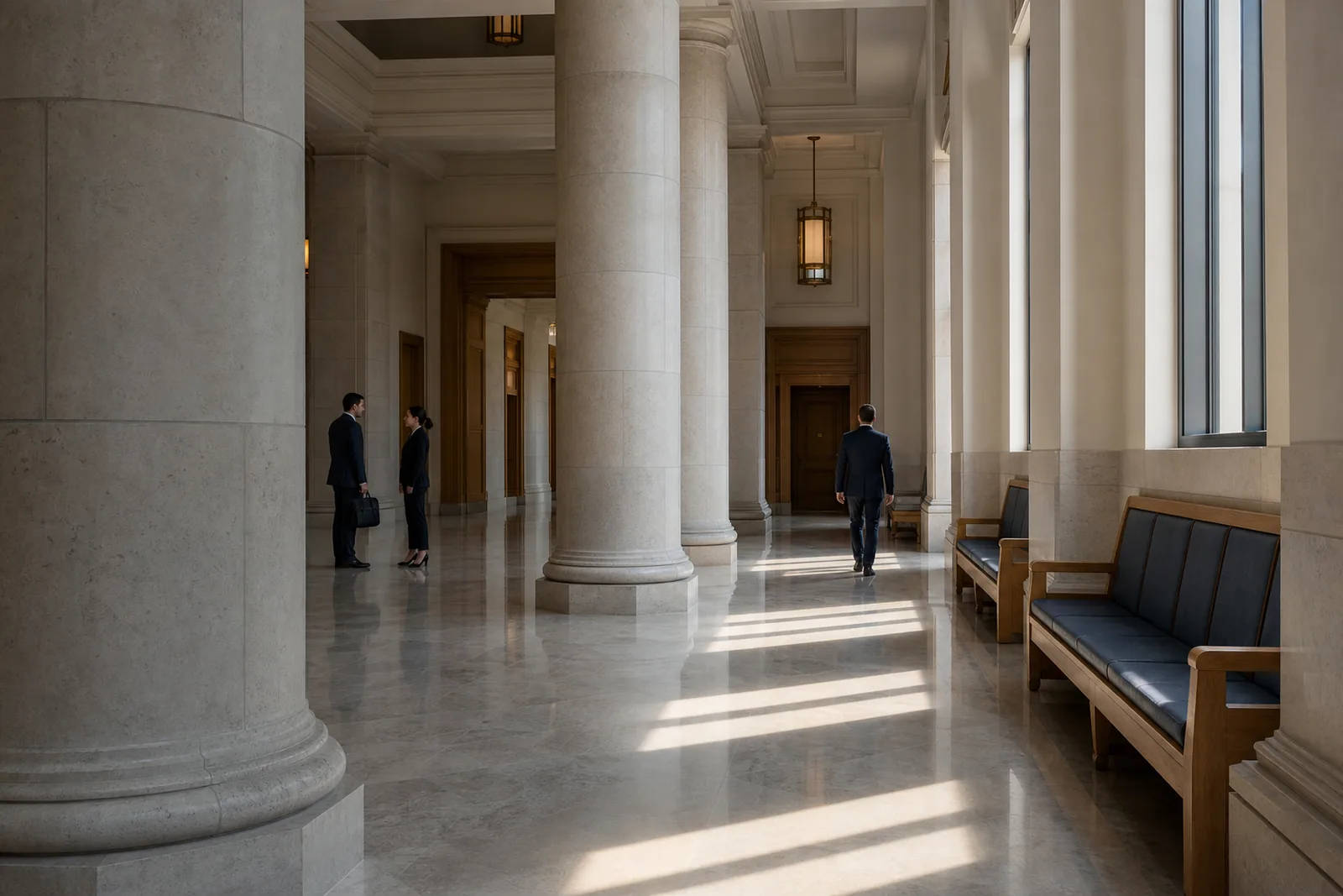 Quiet courthouse hall with stone columns and benches in daylight