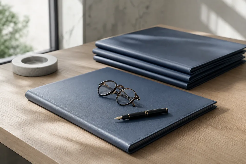 Closed slate blue case folder, fountain pen and reading glasses on a light oak desk