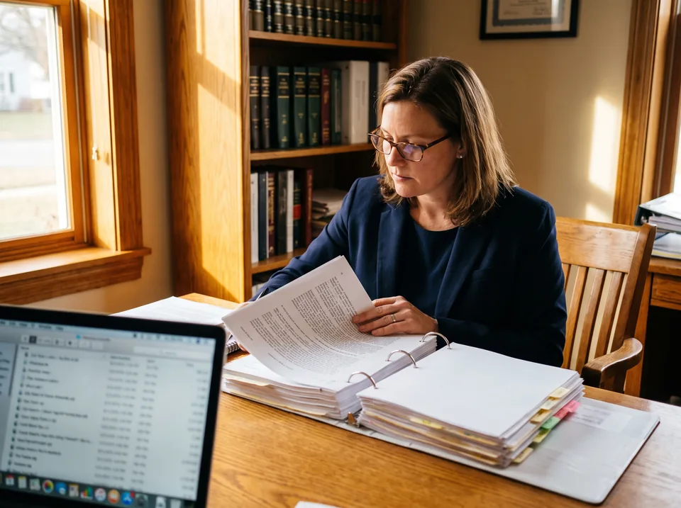 Litigator comparing a printed deposition transcript and exhibit binders with a laptop in a small law office