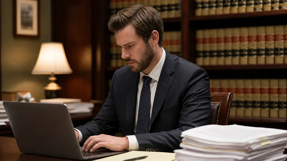 Litigation associate in a law library with deposition transcripts and a legal pad beside a laptop