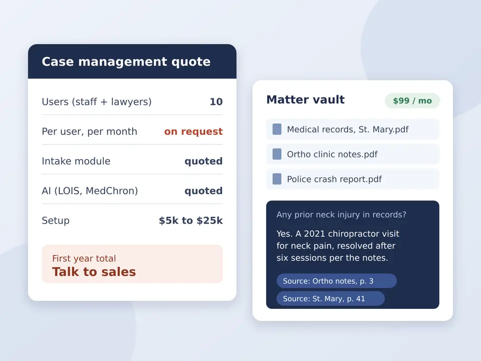 A case management quote card with per user price on request and stacked modules next to a CaseClerk matter vault answering a medical records question with cited pages