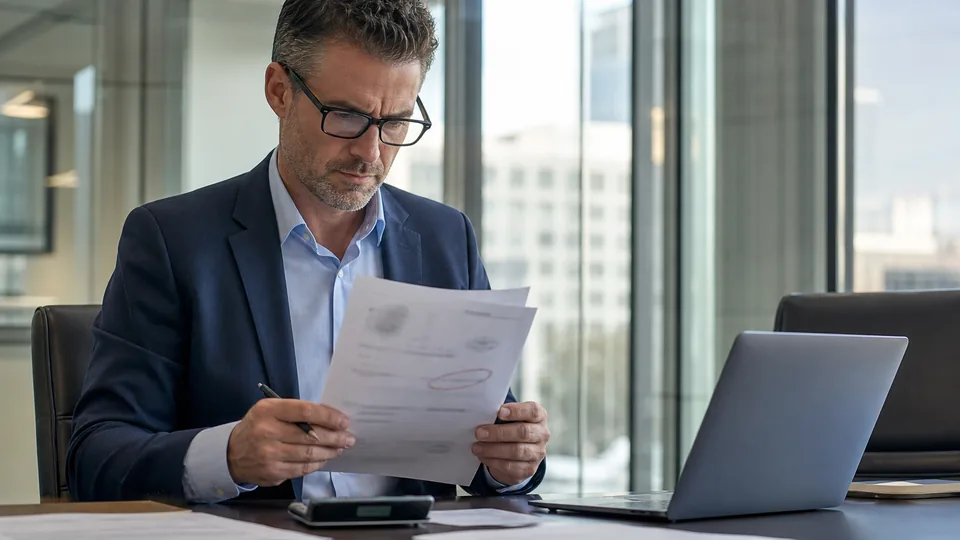 Managing partner of a small law firm reviewing a printed software contract with seat counts circled