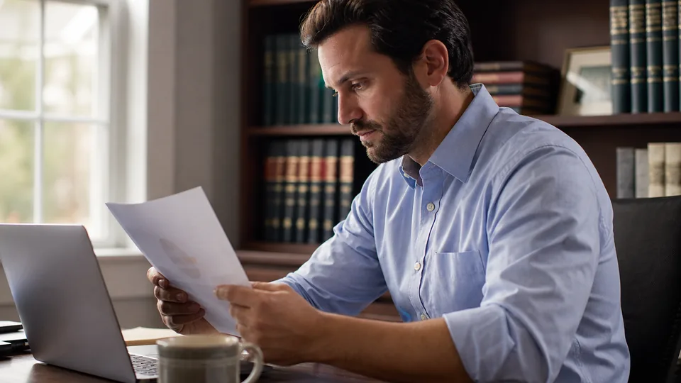 Solo attorney at a home office desk reviewing a printed research subscription renewal next to a laptop