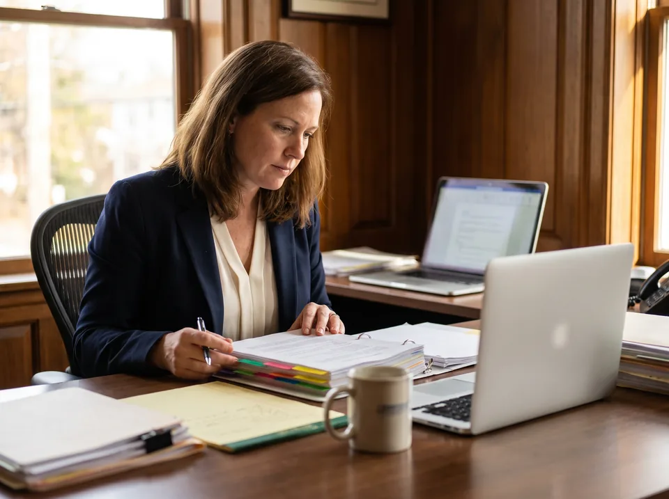 Attorney reviewing a tabbed case binder beside a laptop in a small law office