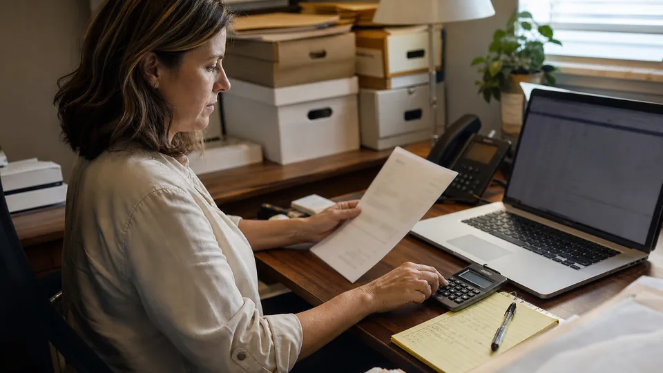 Office manager at a personal injury law firm comparing a printed software quote with a calculator next to case file boxes