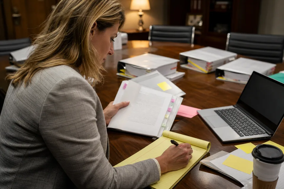 Litigation attorney preparing for trial in a conference room with tabbed exhibit binders, a marked deposition transcript and a laptop